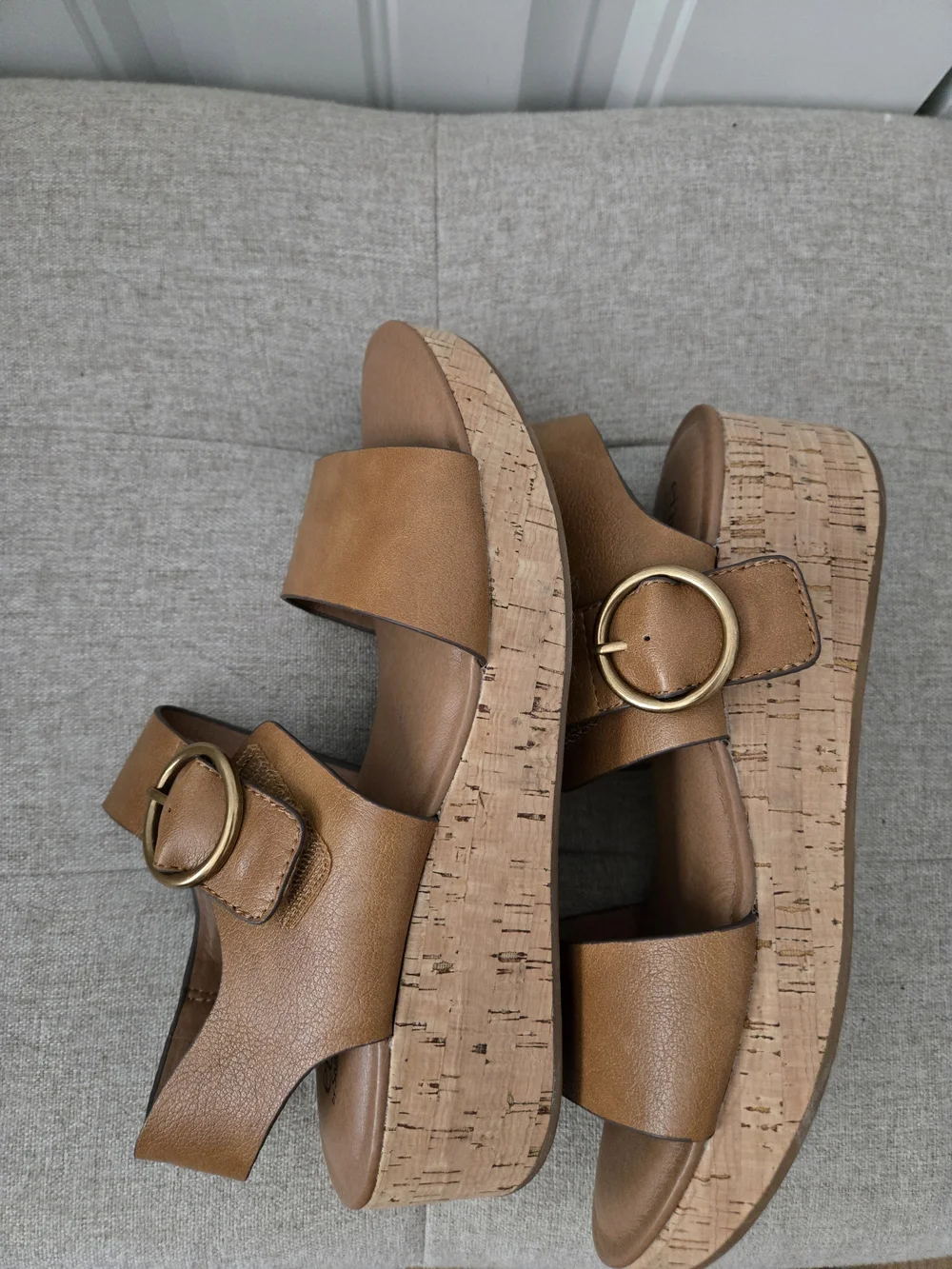 Comfort Cork Wedge Sandals in Tan with Decorative Buckle